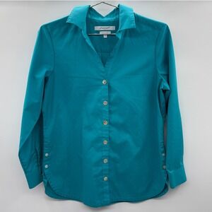 Foxcroft Women's 6 Petite 6P Wrinkle Free Teal Button Down Blouse Office Classic